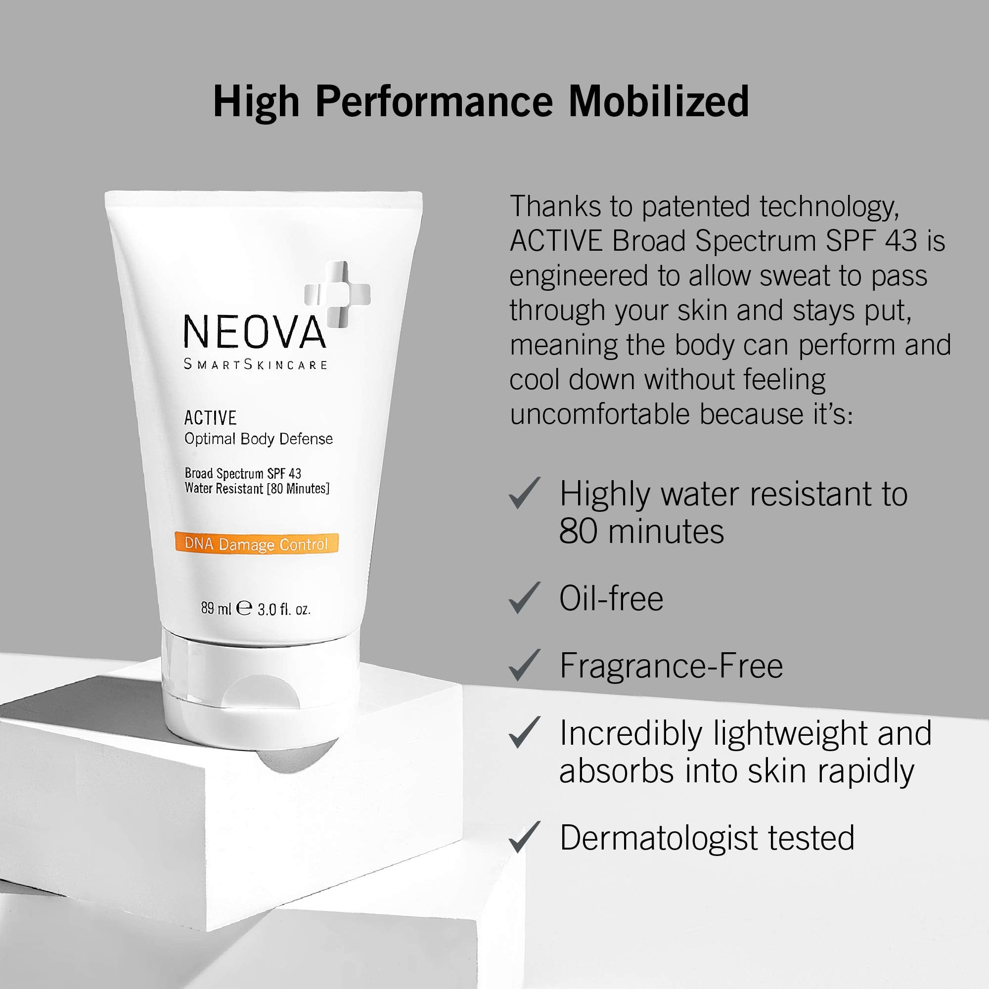 NEOVA SmartSkincare Active Sunscreen for Body – SPF 43, Broad Spectrum, Water Resistant 80 Min