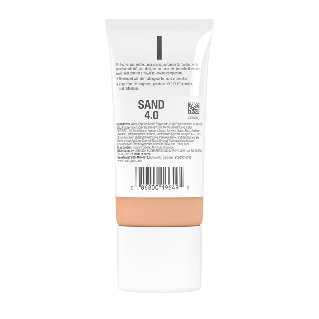 Neutrogena Clear Coverage Flawless Matte CC Cream – Full Coverage, Oil-Free, Sand 4.0