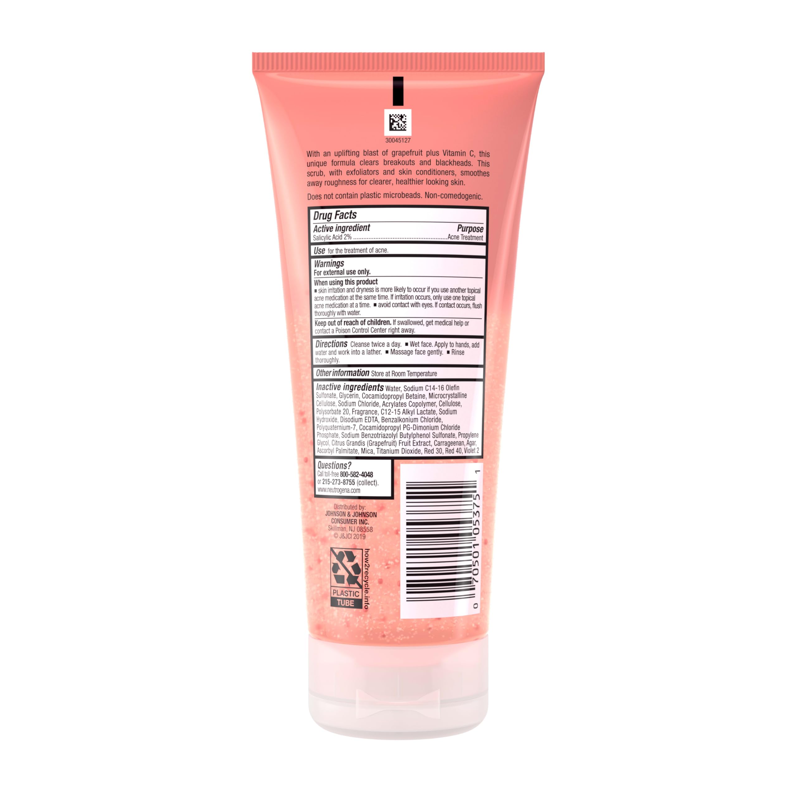 Neutrogena Oil-Free Pink Grapefruit Acne Face Wash with Vitamin C, 2% Salicylic Acid, Foaming Scrub, 6.7 fl oz, 3-Pack