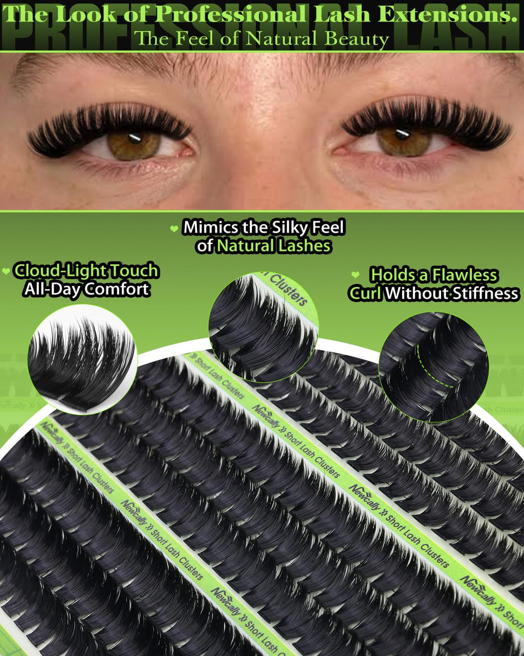 Newcally Volume Lash Clusters Kit 8-12mm – Fluffy 3D D-Curl Short Lashes, 243 Pcs