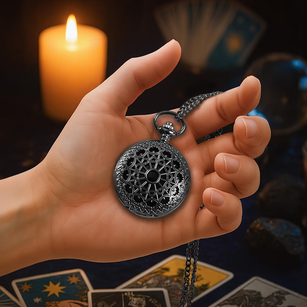 NewRiu Scrying Mirror Black Obsidian – Vintage Pocket-Watch Divination Tool for Meditation & Witchcraft