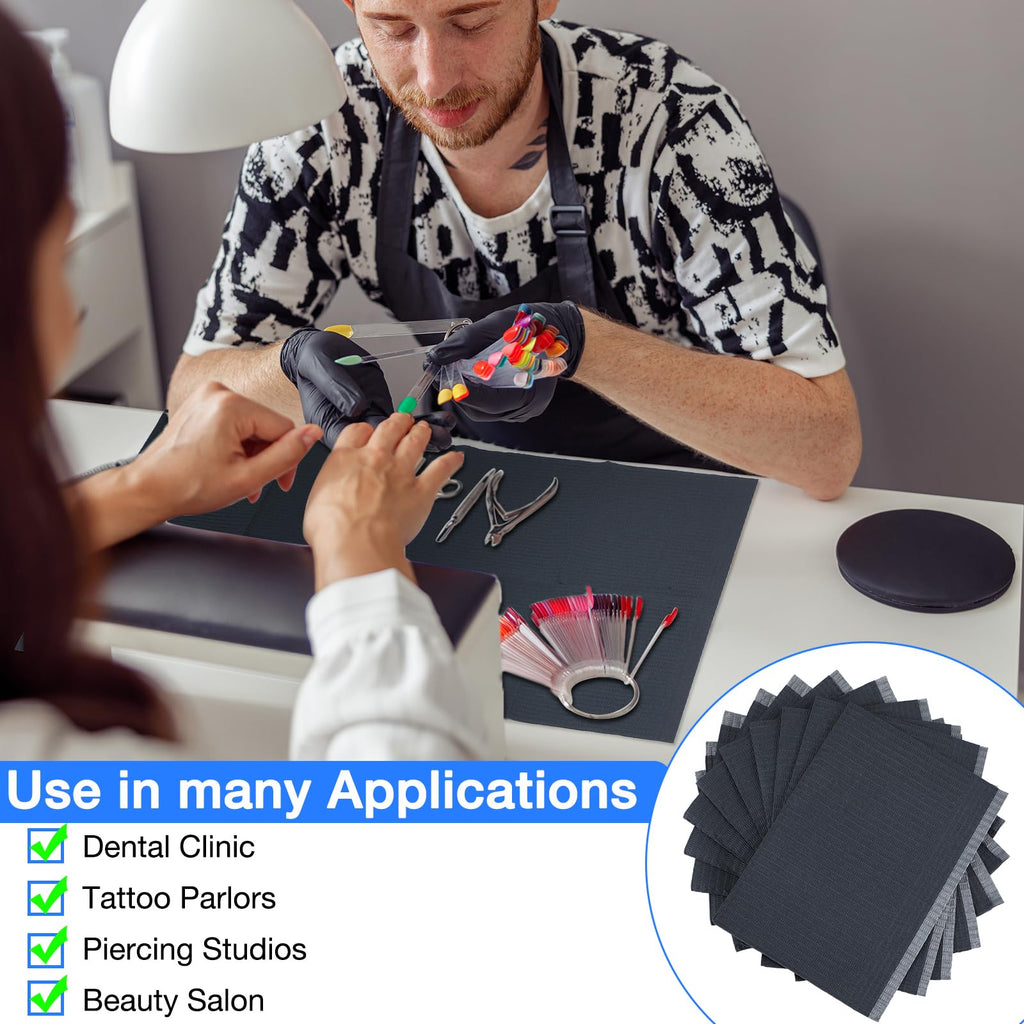 Newwiee 250 Pcs Disposable Nail Table Towels Mat & Waterproof Tattoo Bibs – 13 x 18 Inches, 3-Ply, Black