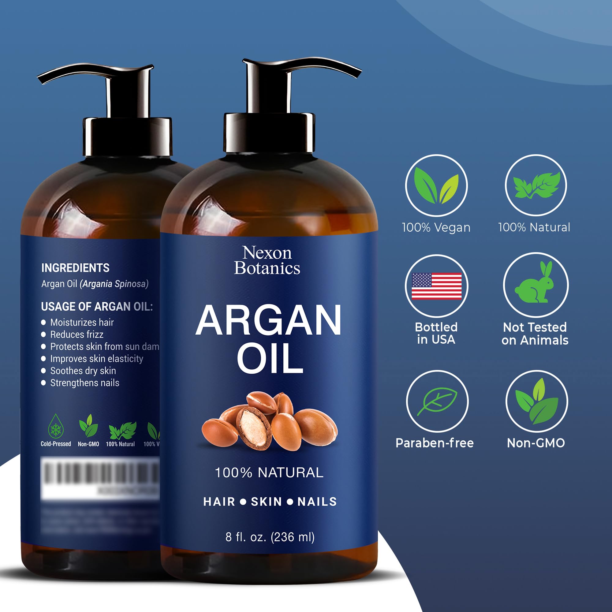 Nexon Botanics Argan Oil for Hair Growth | 8 fl oz, 100% Natural Moroccan Argan Oil for Face, Body & Nails