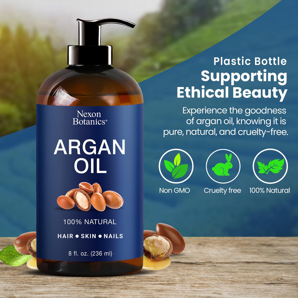 Nexon Botanics Argan Oil for Hair Growth | 8 fl oz, 100% Natural Moroccan Argan Oil for Face, Body & Nails