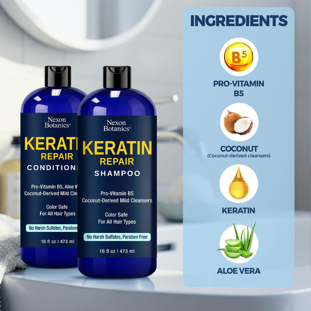 Nexon Botanics Keratin Shampoo & Conditioner Set – 16 fl oz Each | Strength, Moisture & Color Safe