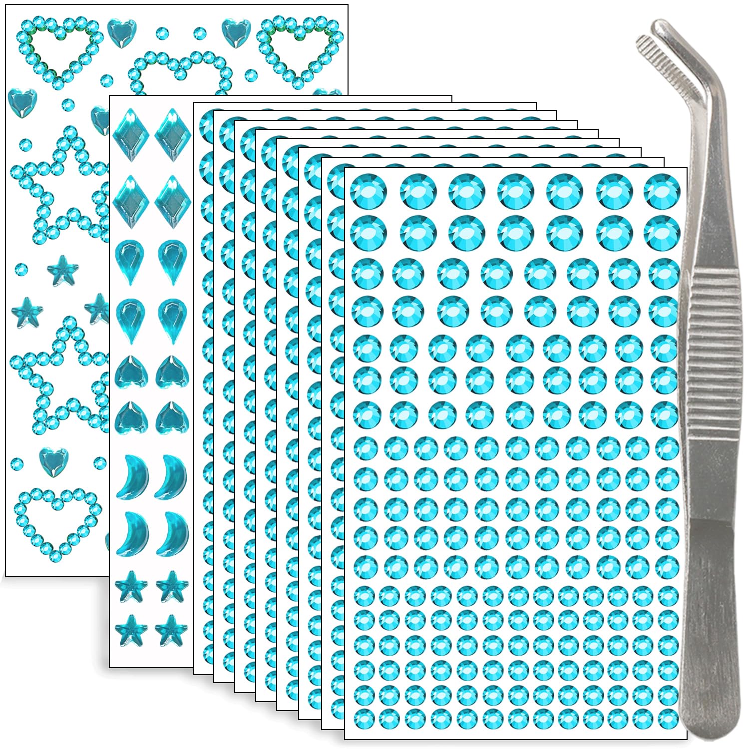 NIACONN 1760 Lake Blue Hair Jewels & Face Gems – Self-Adhesive Rhinestones
