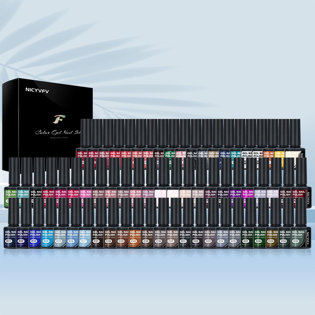 NICYVFV 60 PCS Gel Nail Set – 54 Colors, Glitter Top Coats, Builder Gel, Base Coat, Glossy & Matte Finish