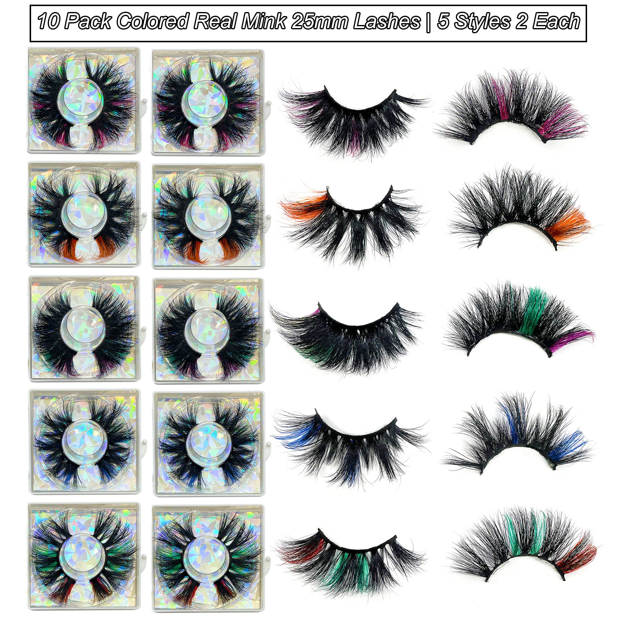 Ninglash Halloween Day Lashes – 10-Pack 25mm Colored Mink Lashes (9D)
