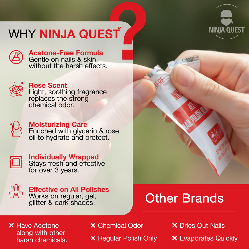 Ninja Quest Nail Polish Remover Pads | 200-Pack Non-Acetone Wipes for Gel, Natural Nails, Travel Kit