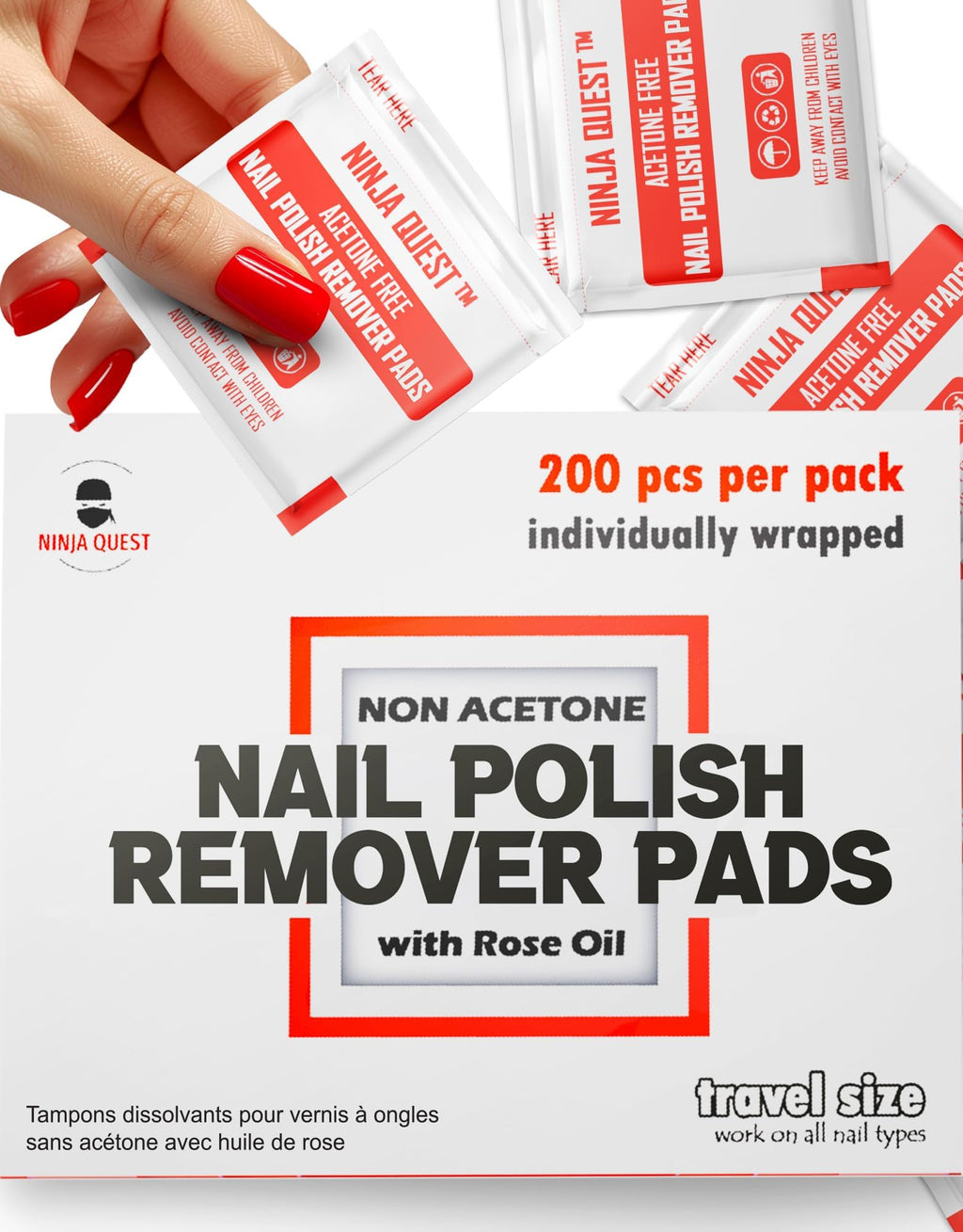 Ninja Quest Nail Polish Remover Pads | 200-Pack Non-Acetone Wipes for Gel, Natural Nails, Travel Kit
