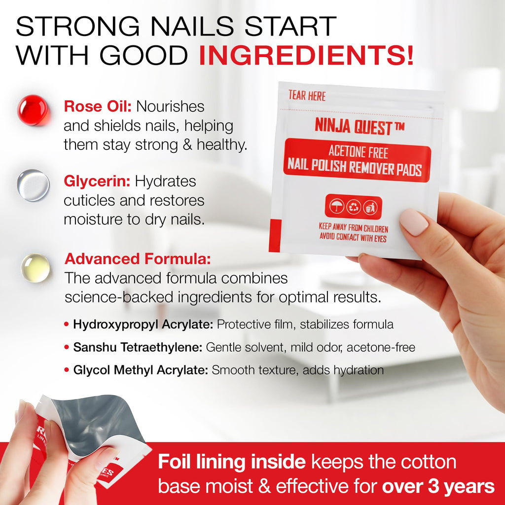 Ninja Quest Nail Polish Remover Pads | 200-Pack Non-Acetone Wipes for Gel, Natural Nails, Travel Kit