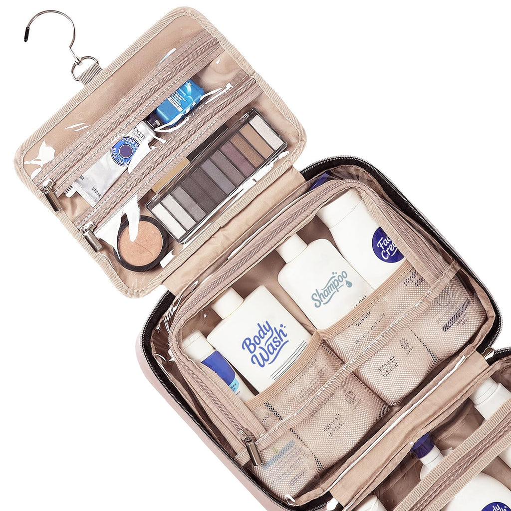 NISHEL Travel Toiletry Bag for Women – Large Hanging Organizer for Full-Sized Shampoos, Makeup & Accessories | Pink