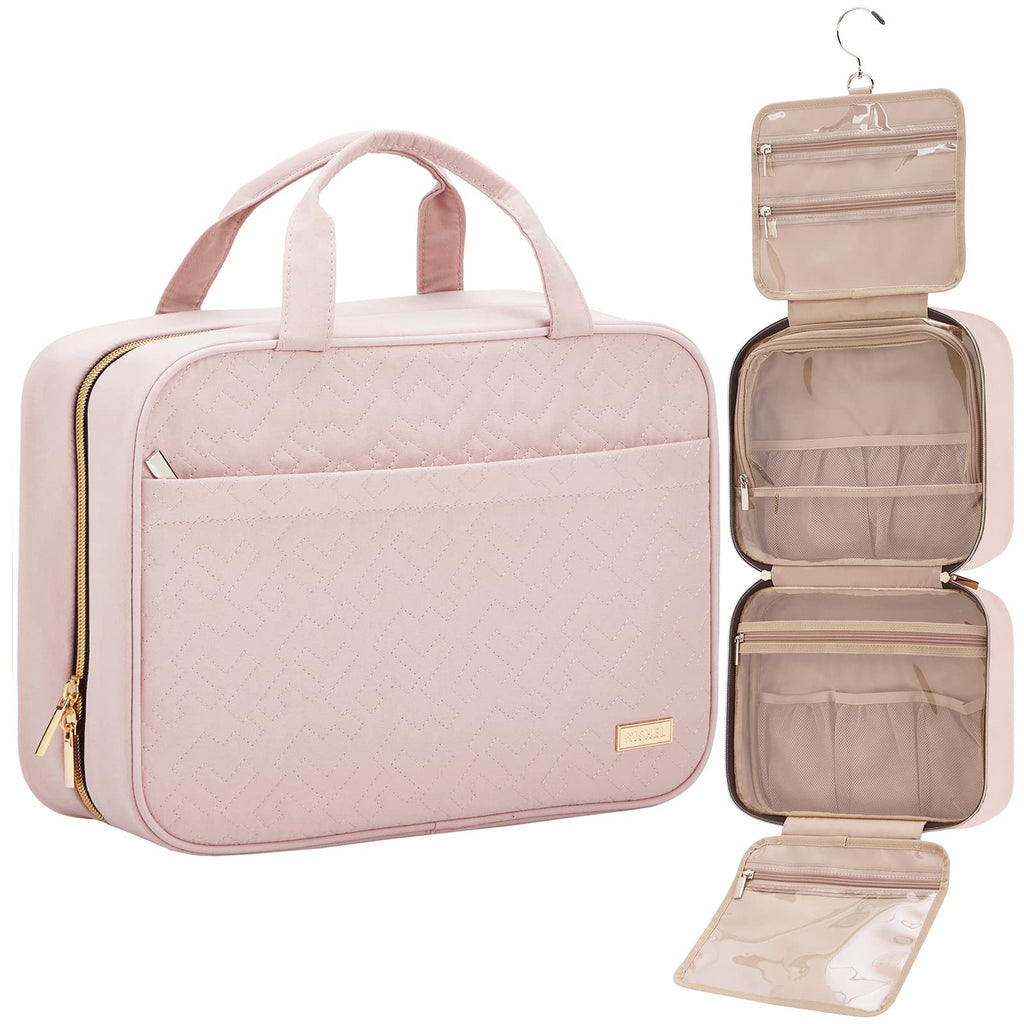 NISHEL Travel Toiletry Bag for Women – Large Hanging Organizer for Full-Sized Shampoos, Makeup & Accessories | Pink
