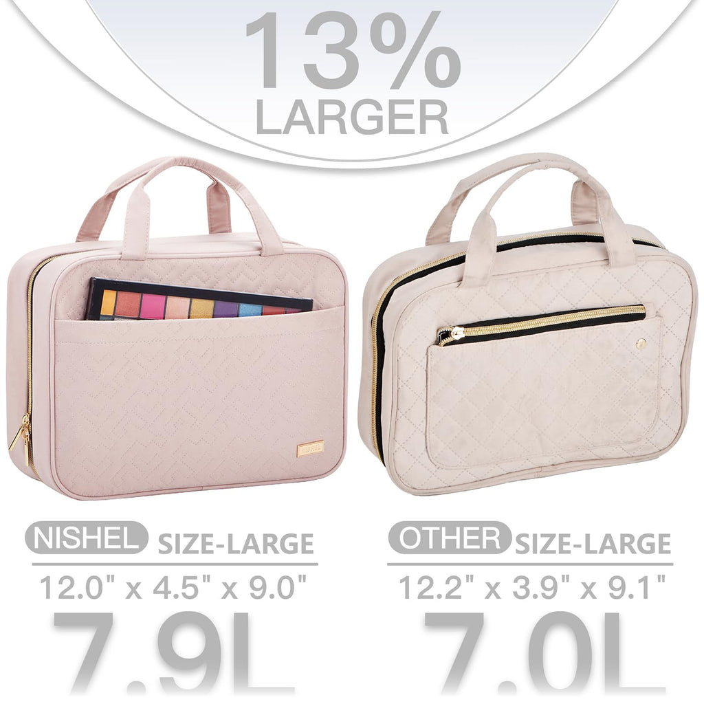 NISHEL Travel Toiletry Bag for Women – Large Hanging Organizer for Full-Sized Shampoos, Makeup & Accessories | Pink