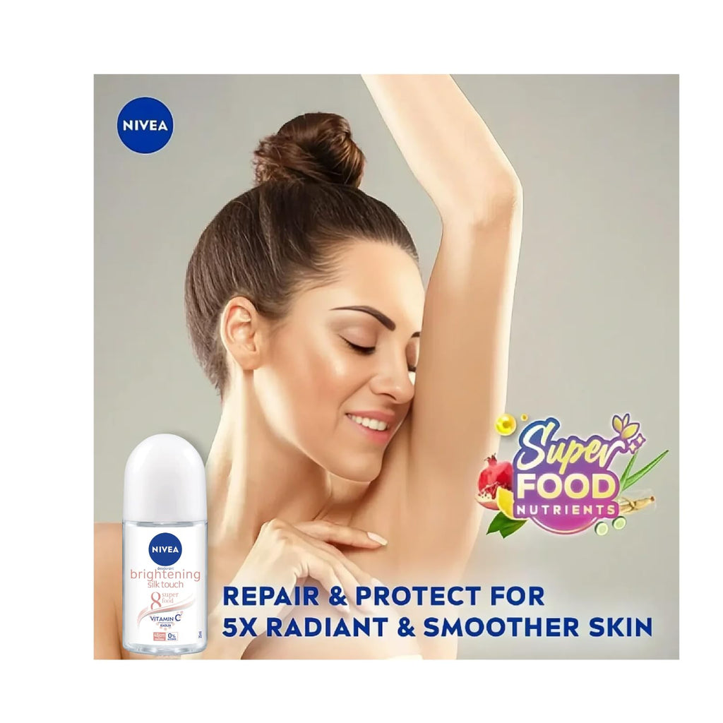 NIVEA Extra Brightening Roll-On Deodorant – 8 Super Foods, Vitamin C, Collagen Boost, Twin Pack