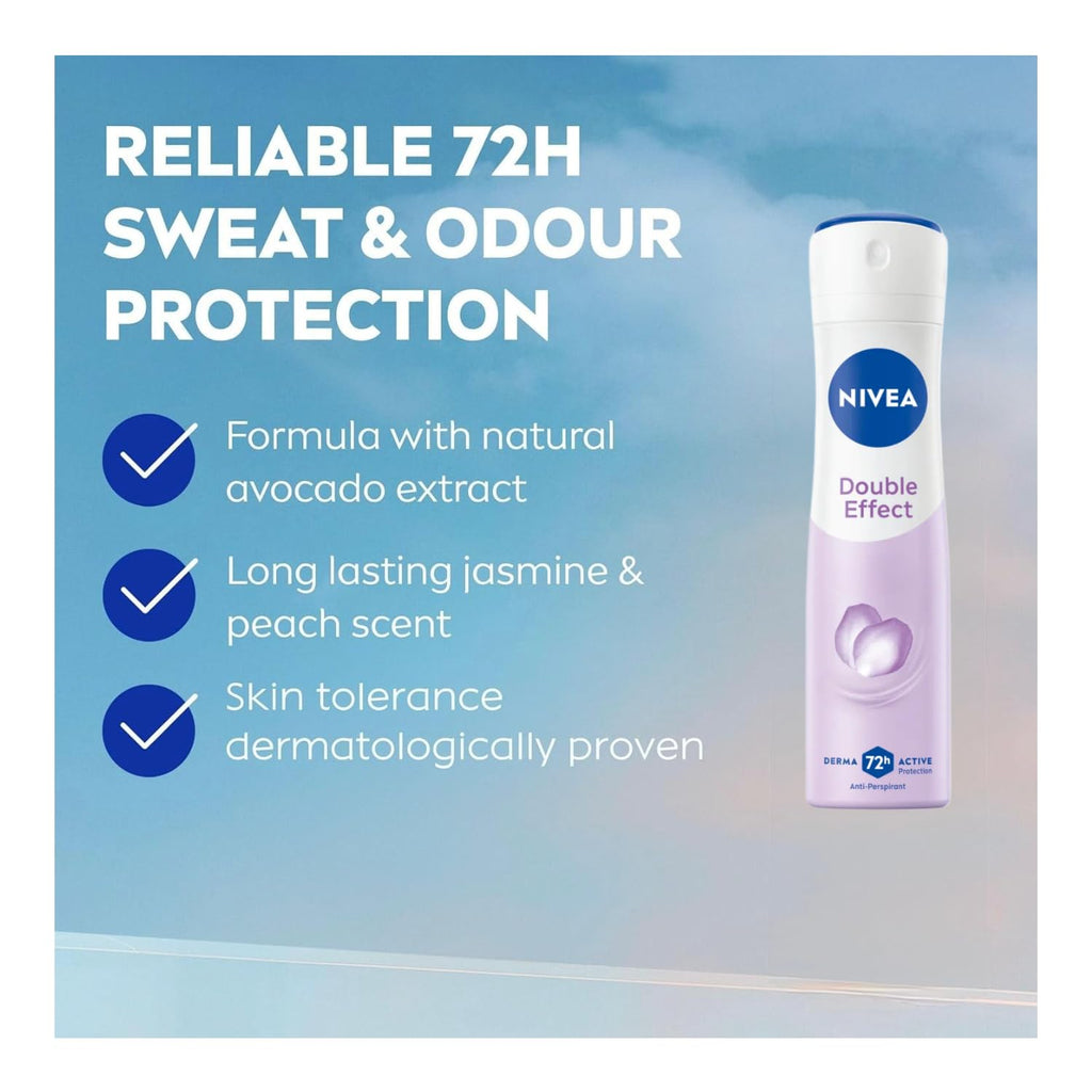 NIVEA Double Effect Anti-Perspirant Spray for Women – 72H Sweat & Odor Protection, Avocado Extract, Alcohol-Free, 200ml, Pack of 3