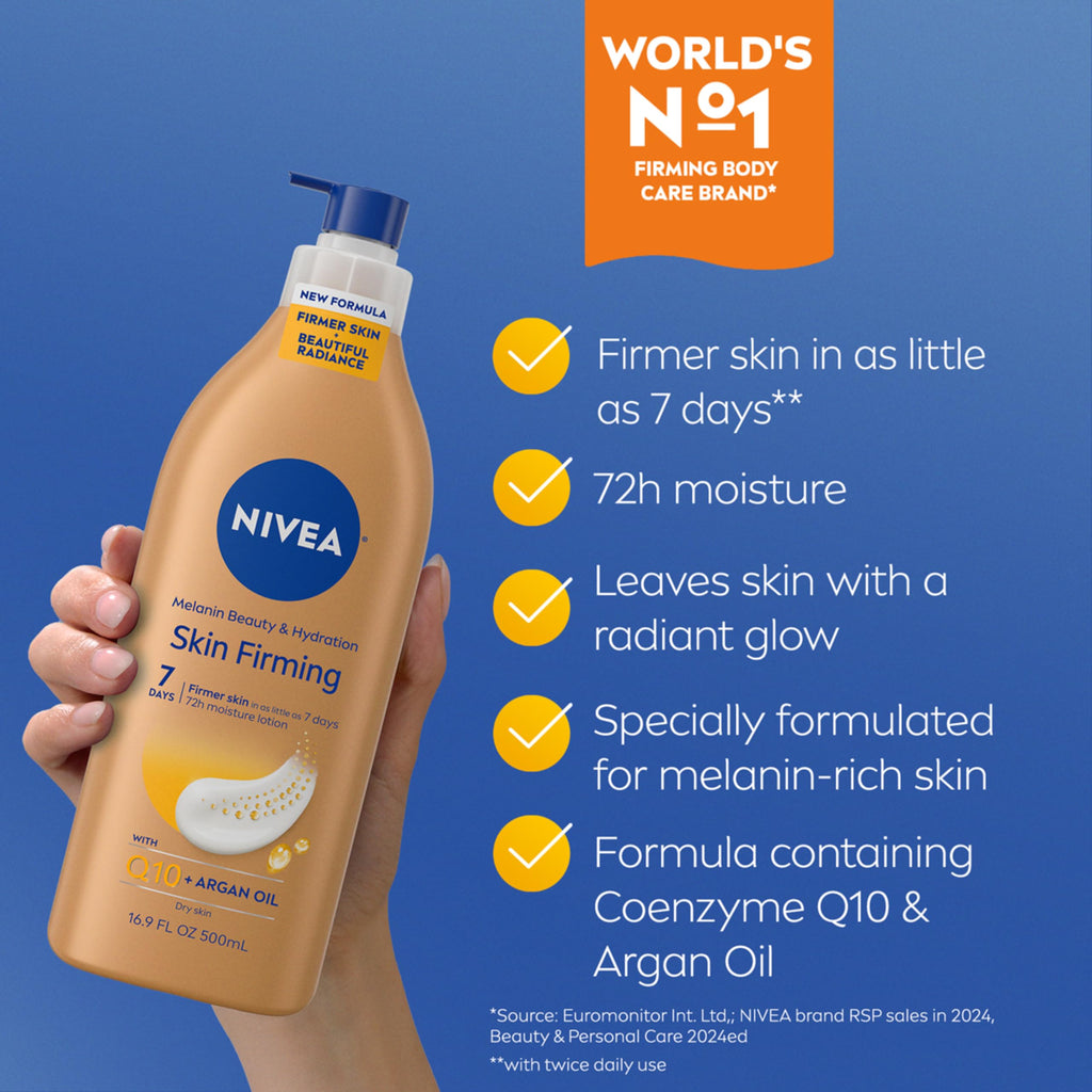 NIVEA Skin Firming Melanin Beauty & Hydration Lotion with Q10 & Argan Oil – 16.9 oz