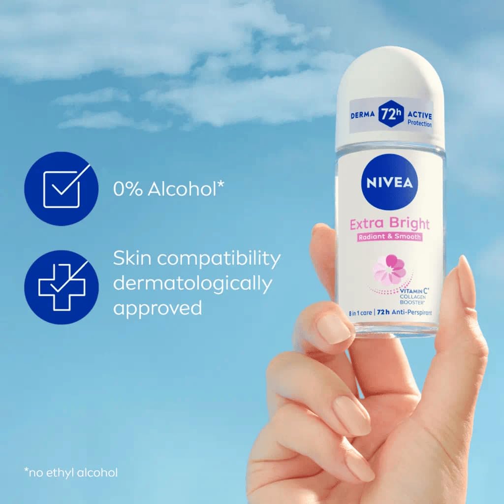NIVEA Extra Bright 8 Super Food Vitamin C Collagen Booster Underarm Roll-On Deodorant - Alcohol-Free, 72HR Odor Protection, 3x50ml