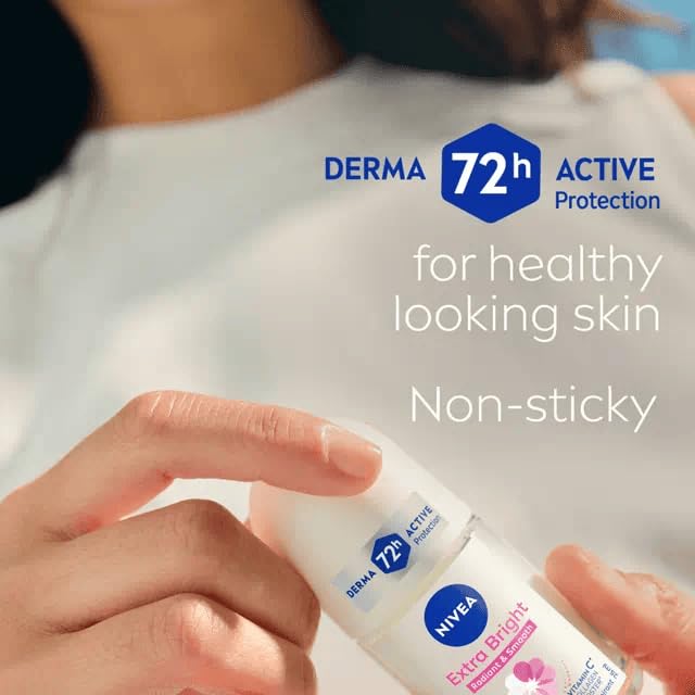 NIVEA Extra Bright 8 Super Food Vitamin C Collagen Booster Underarm Roll-On Deodorant - Alcohol-Free, 72HR Odor Protection, 3x50ml