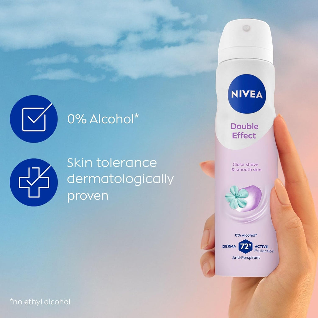 NIVEA Double Effect Anti-Perspirant Spray for Women – 72H Sweat & Odor Protection, Avocado Extract, Alcohol-Free, 200ml, Pack of 3