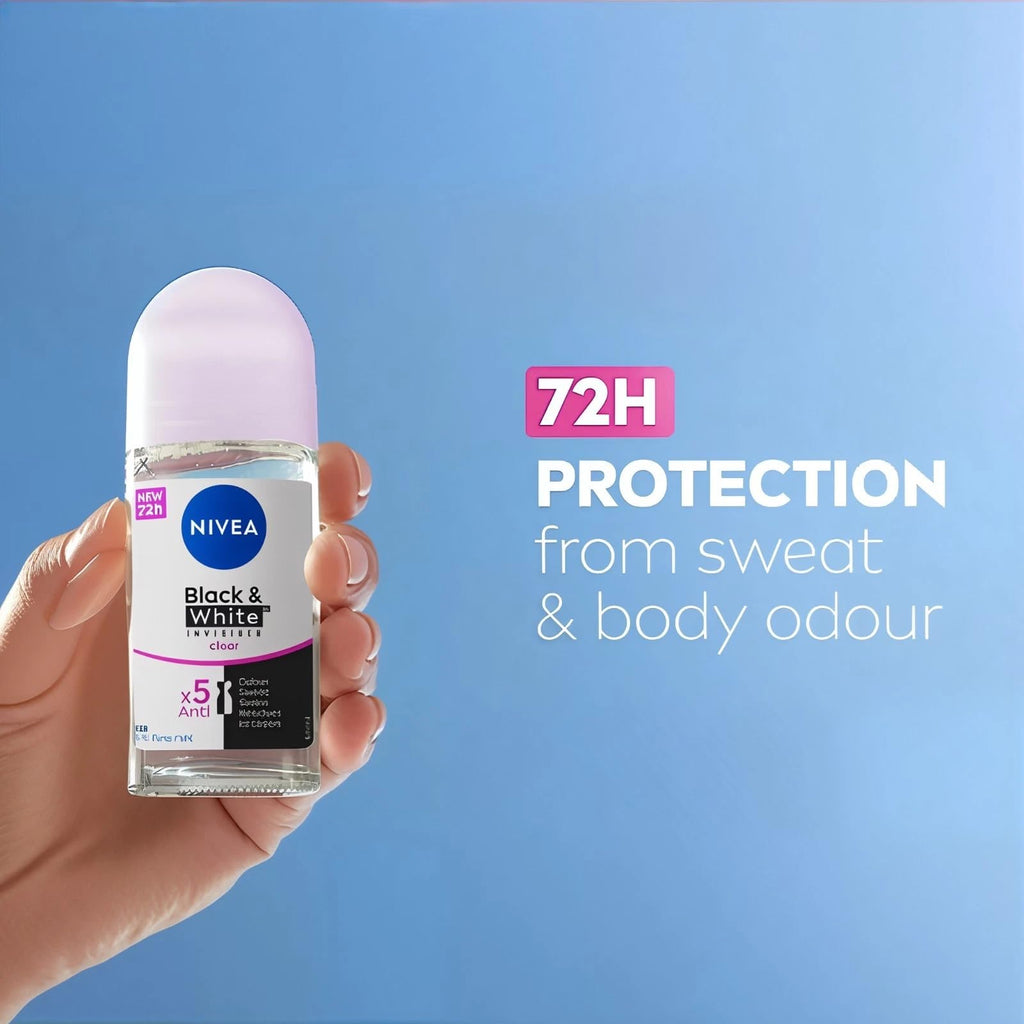 NIVEA Black & White Invisible Roll-On Antiperspirant Deodorant 50ml – 72H Protection (Pack of 3)