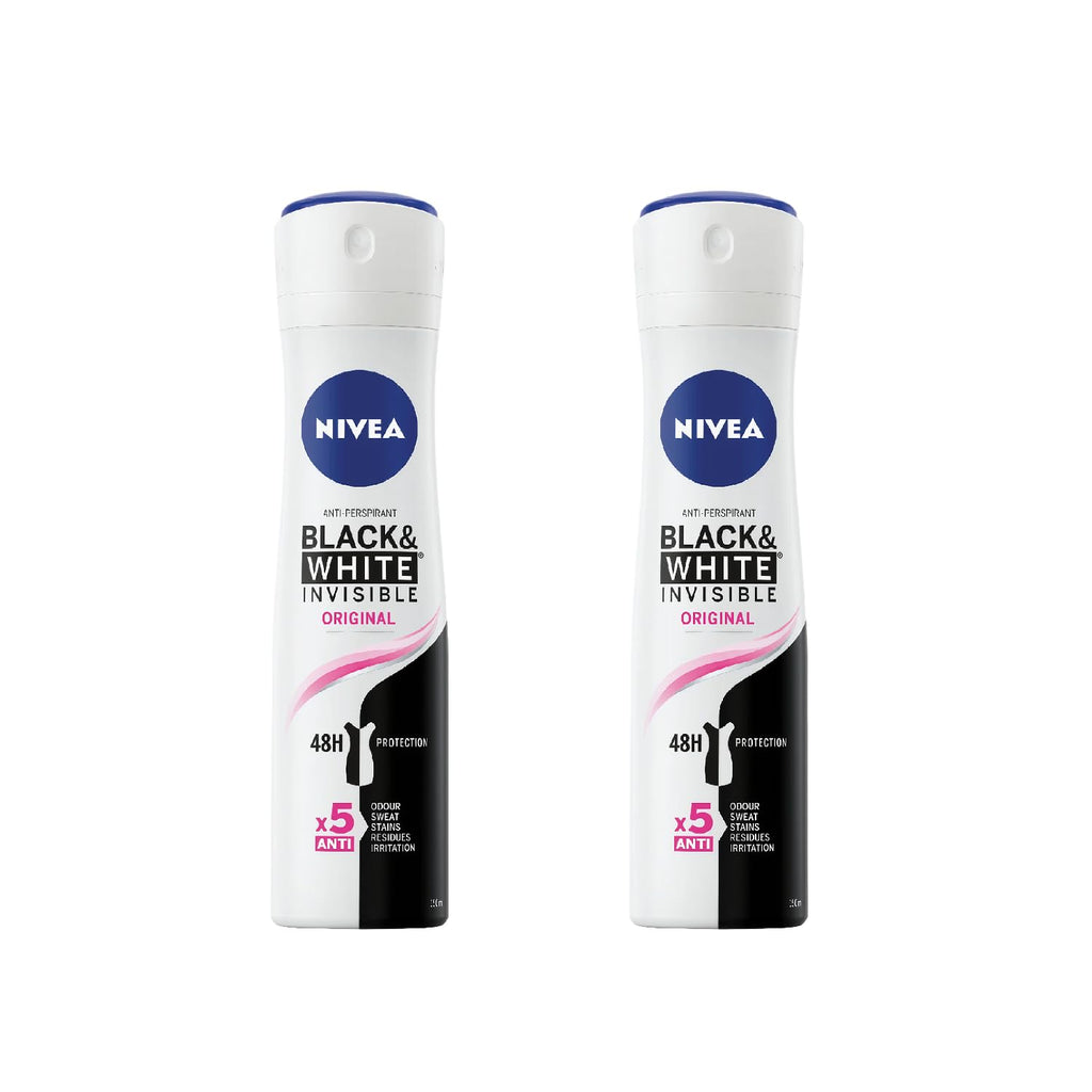 NIVEA Invisible Black & White Original Anti-Perspirant Spray – 2-Pack, 48h Protection, No White Marks, Alcohol-Free