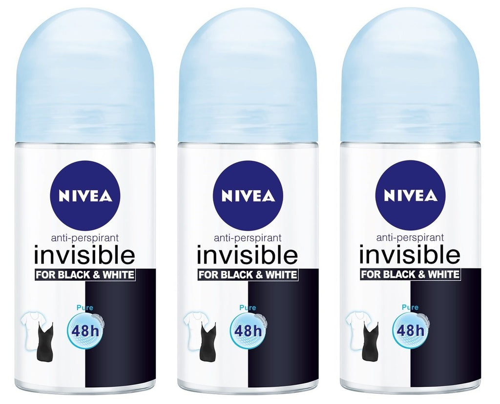 NIVEA Invisible for Black & White Pure Women’s Roll-On Anti-Perspirant Deodorant — Pack of 3 Bottles (1.7 oz / 50 ml each)