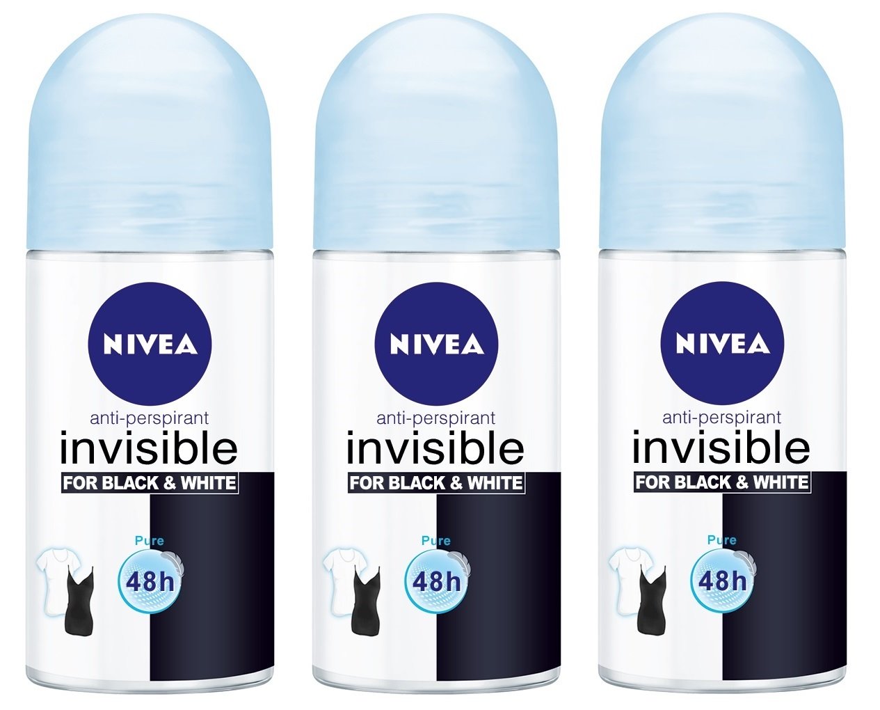 NIVEA Invisible for Black & White Pure Women’s Roll-On Anti-Perspirant Deodorant — Pack of 3 Bottles (1.7 oz / 50 ml each)