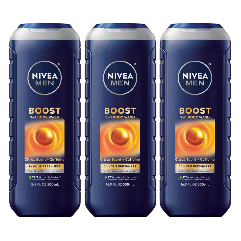 NIVEA MEN Boost 3-in-1 Body Wash with Citrus & Caffeine – 16.9 oz (Pack of 3)