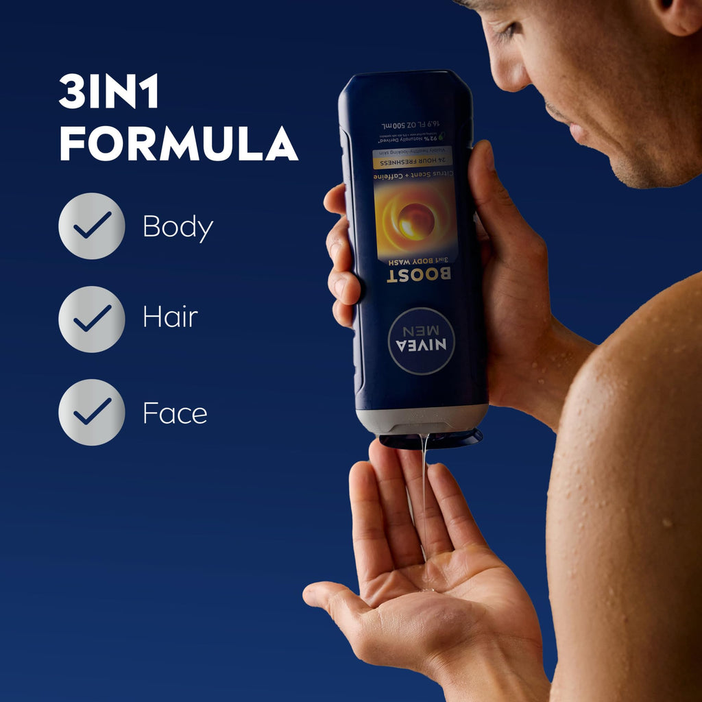 NIVEA MEN Boost 3-in-1 Body Wash with Citrus & Caffeine – 16.9 oz (Pack of 3)