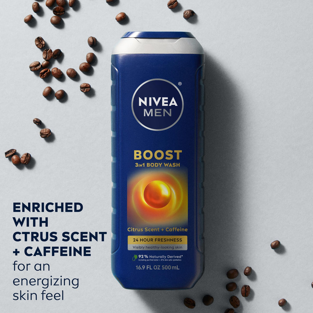 NIVEA MEN Boost 3-in-1 Body Wash with Citrus & Caffeine – 16.9 oz (Pack of 3)