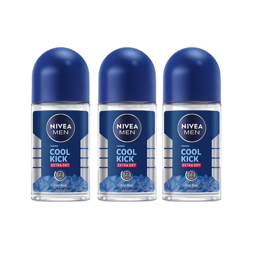 NIVEA Men Cool Kick Anti-Perspirant Roll-On Deodorant 50ml – 72h Sweat and Odor Protection (3 Pack)