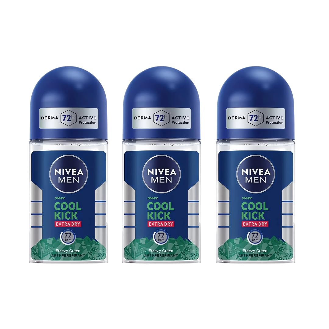 NIVEA Men Cool Kick Extra Dry Roll-On Deodorant – 50 mL | 48h Protection, Quick-Dry, Freezy Green