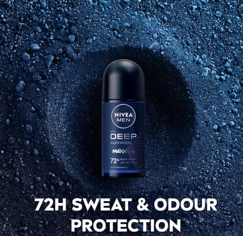 NIVEA Men Deep Darkwood MaxxTech 72H Roll-On Deodorant 25ml – Charcoal, Woody Scent, 2-Pack
