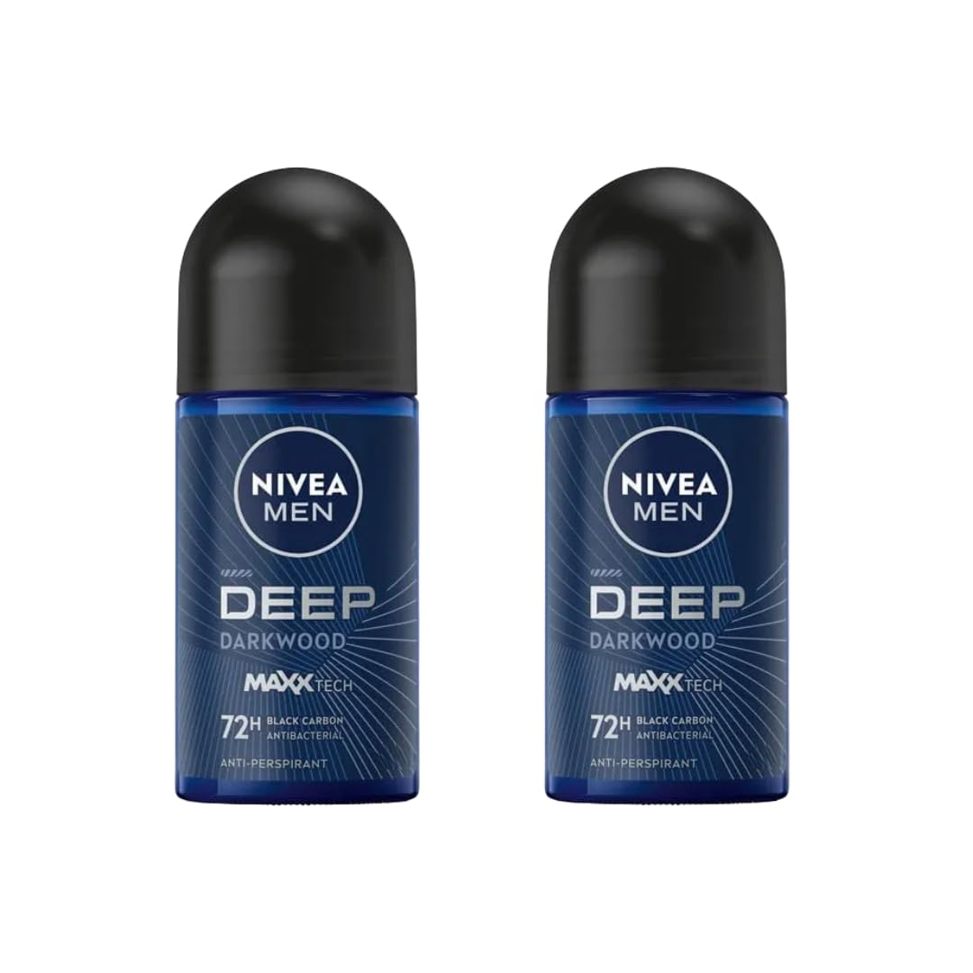 NIVEA Men Deep Darkwood MaxxTech 72H Roll-On Deodorant 25ml – Charcoal, Woody Scent, 2-Pack