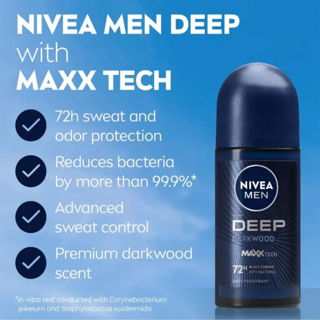 NIVEA Men Deep Darkwood MaxxTech 72H Roll-On Deodorant 25ml – Charcoal, Woody Scent, 2-Pack