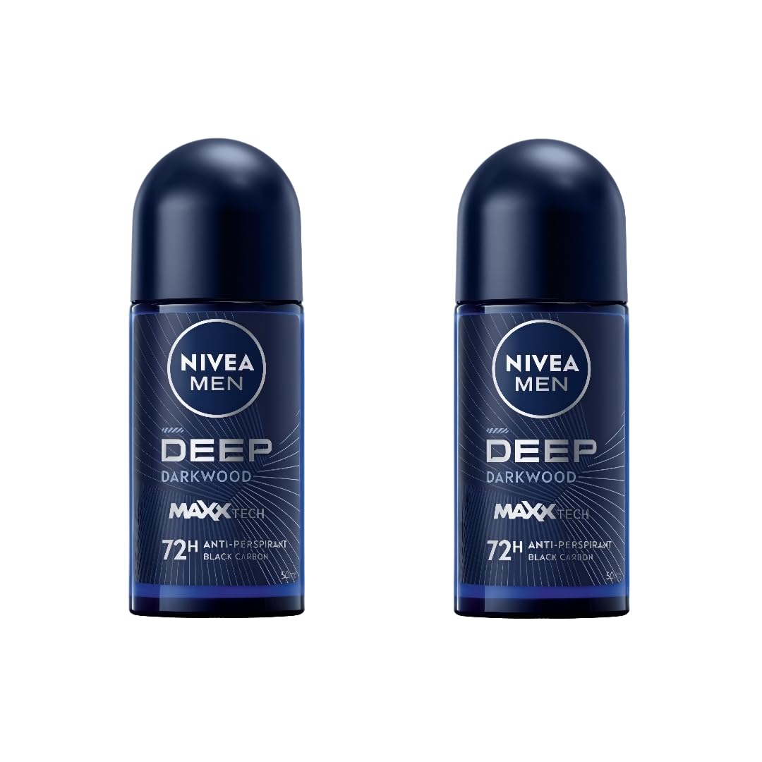 NIVEA MEN DEEP Darkwood Anti-Perspirant Roll-On 50ml – 72H Protection, Black Carbon & MAXXTECH, No Black Residue | Pack of 2