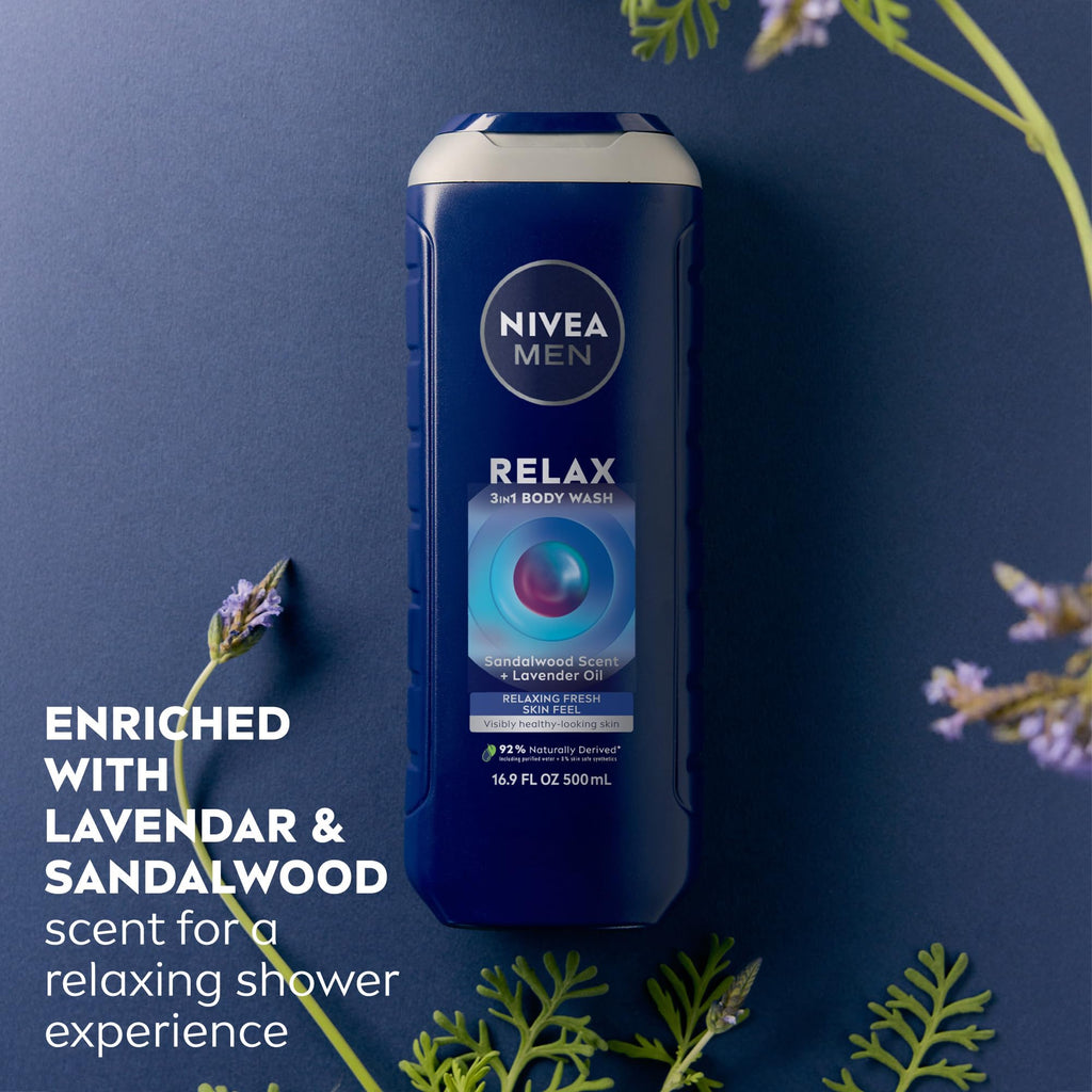 NIVEA MEN Relax 3-in-1 Body Wash – Lavender & Sandalwood, Vegan, pH-Friendly, 3 x 16.9 oz