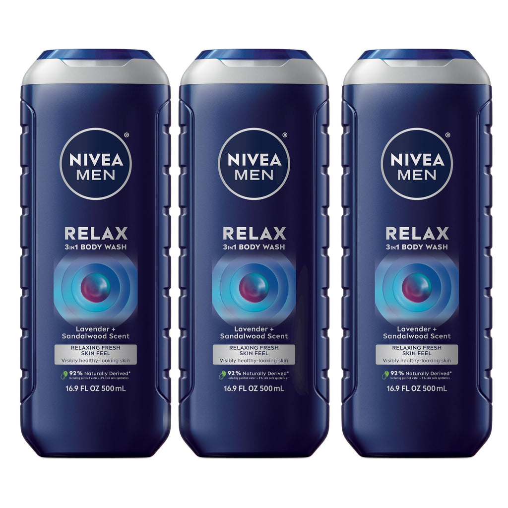 NIVEA MEN Relax 3-in-1 Body Wash – Lavender & Sandalwood, Vegan, pH-Friendly, 3 x 16.9 oz