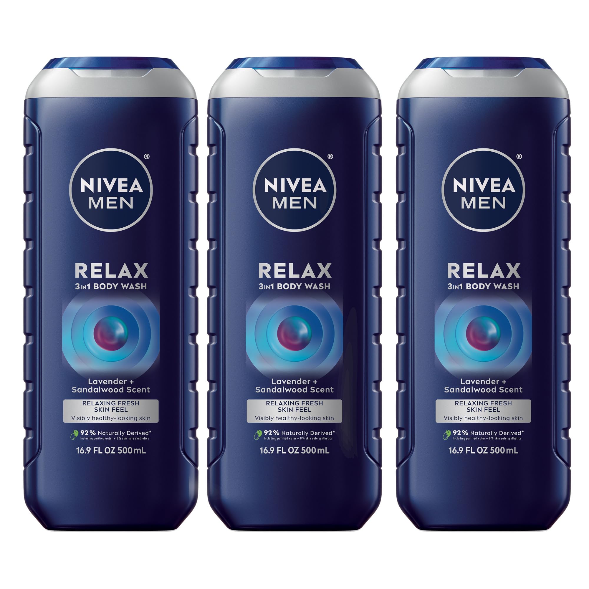 NIVEA MEN Relax 3-in-1 Body Wash – Lavender & Sandalwood, Vegan, pH-Friendly, 3 x 16.9 oz