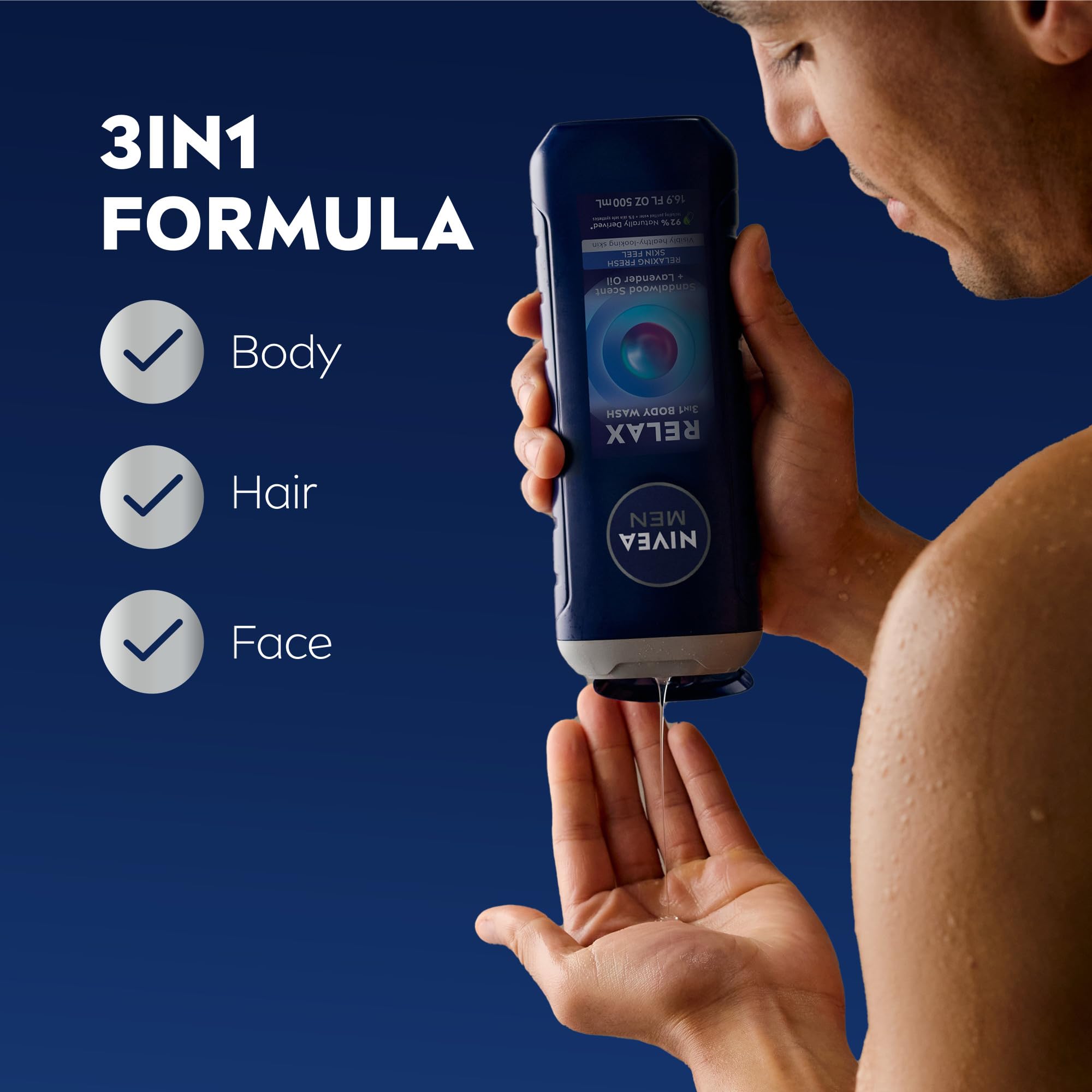 NIVEA MEN Relax 3-in-1 Body Wash – Lavender & Sandalwood, Vegan, pH-Friendly, 3 x 16.9 oz