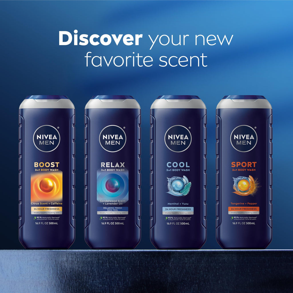 NIVEA MEN Relax 3-in-1 Body Wash – Lavender & Sandalwood, Vegan, pH-Friendly, 3 x 16.9 oz