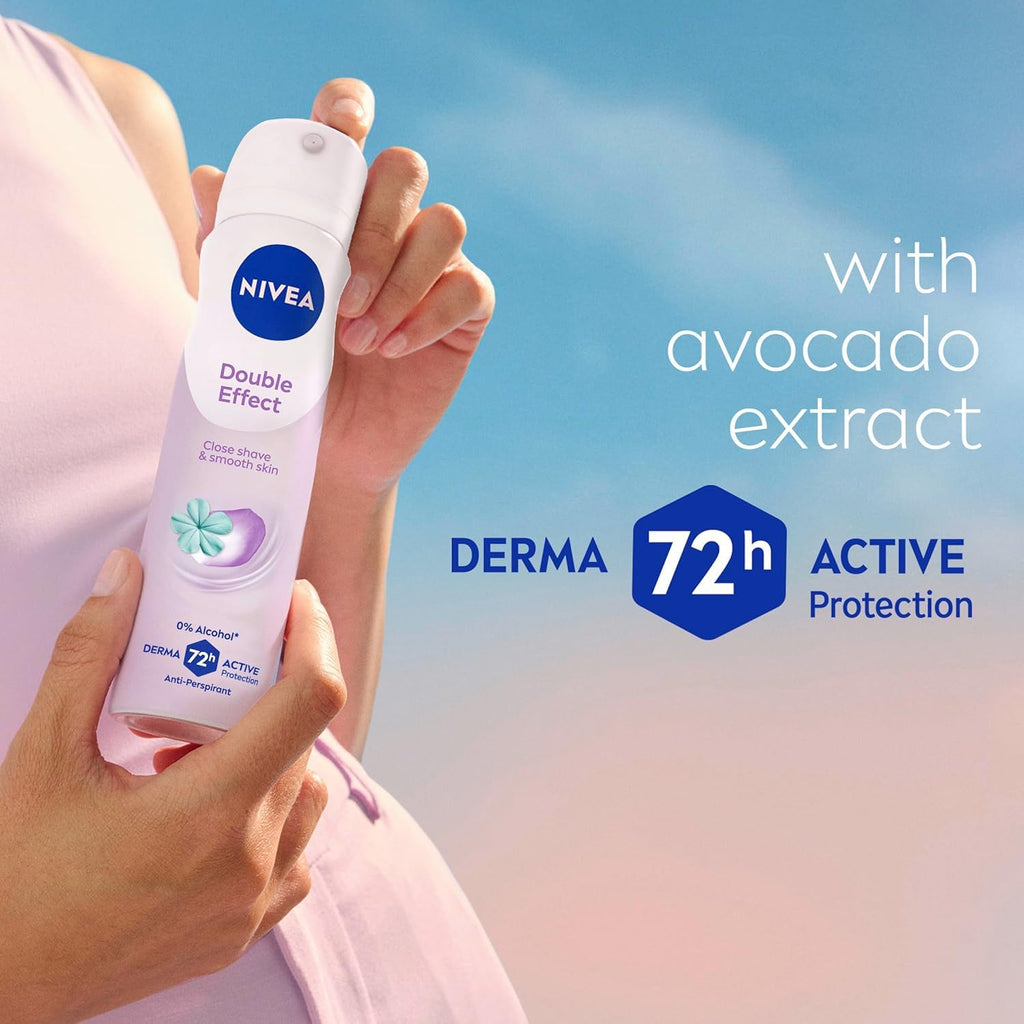 NIVEA Double Effect Anti-Perspirant Spray for Women – 72H Sweat & Odor Protection, Avocado Extract, Alcohol-Free, 200ml, Pack of 3