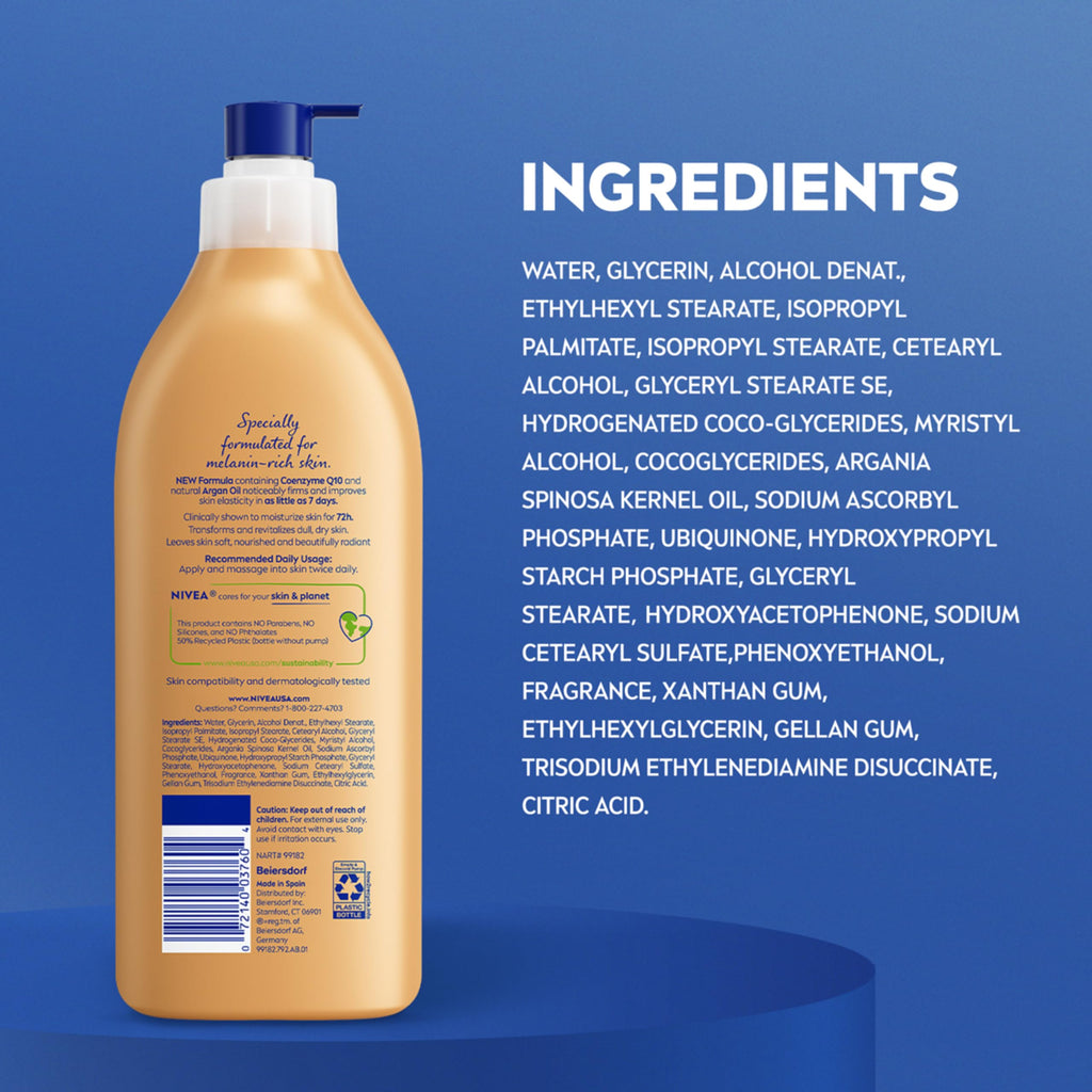 NIVEA Skin Firming Melanin Beauty & Hydration Lotion with Q10 & Argan Oil – 16.9 oz
