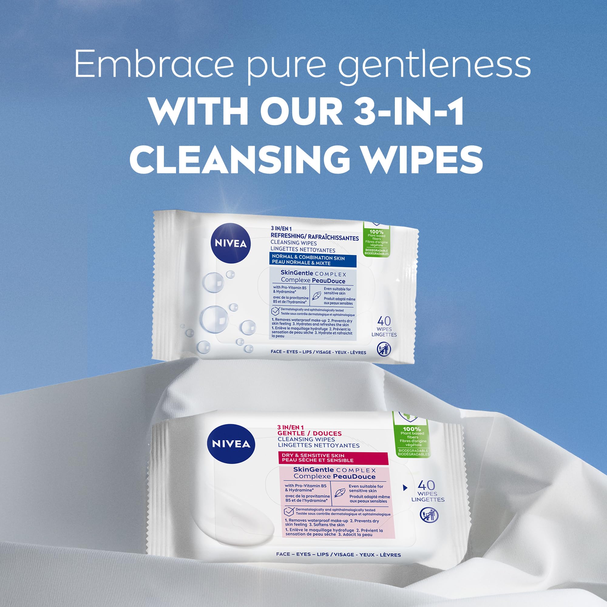 NIVEA 3-in-1 Refreshing Face Cleansing Wipes (40 ct) – Biodegradable Plant-Based Fibres