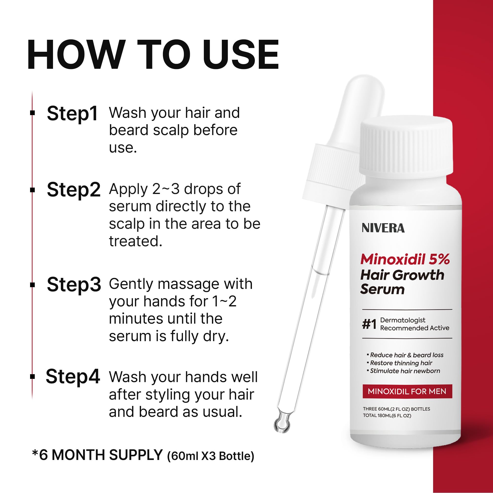 NIVELA 5% Minoxidil for Men — 3 x 60ml Extra Strength Hair & Beard Growth Kit