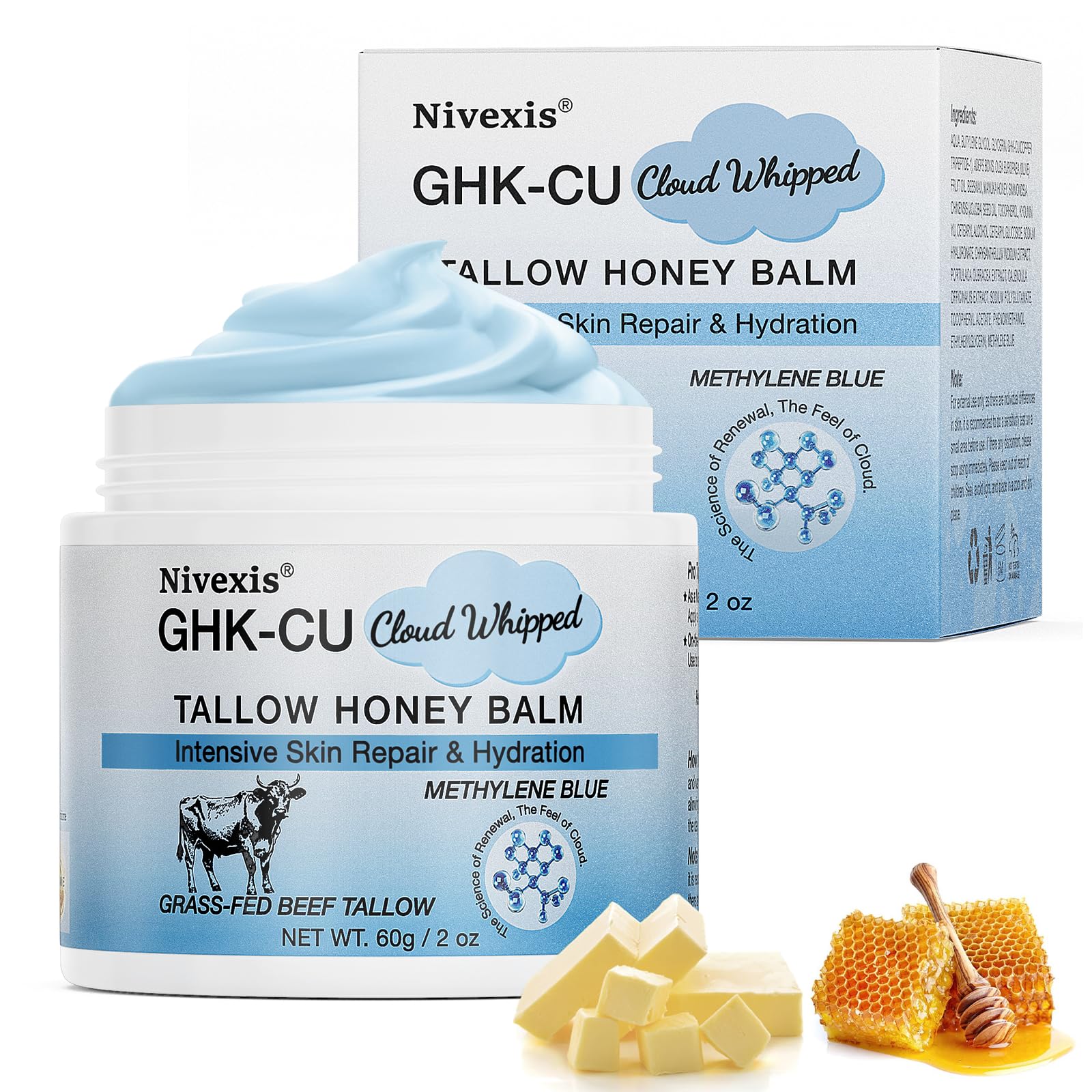 Nivexis Copper Peptides GHK-Cu Balm with Grass-Fed Tallow, Honey & Methylene Blue – All Skin Types, 2 Oz