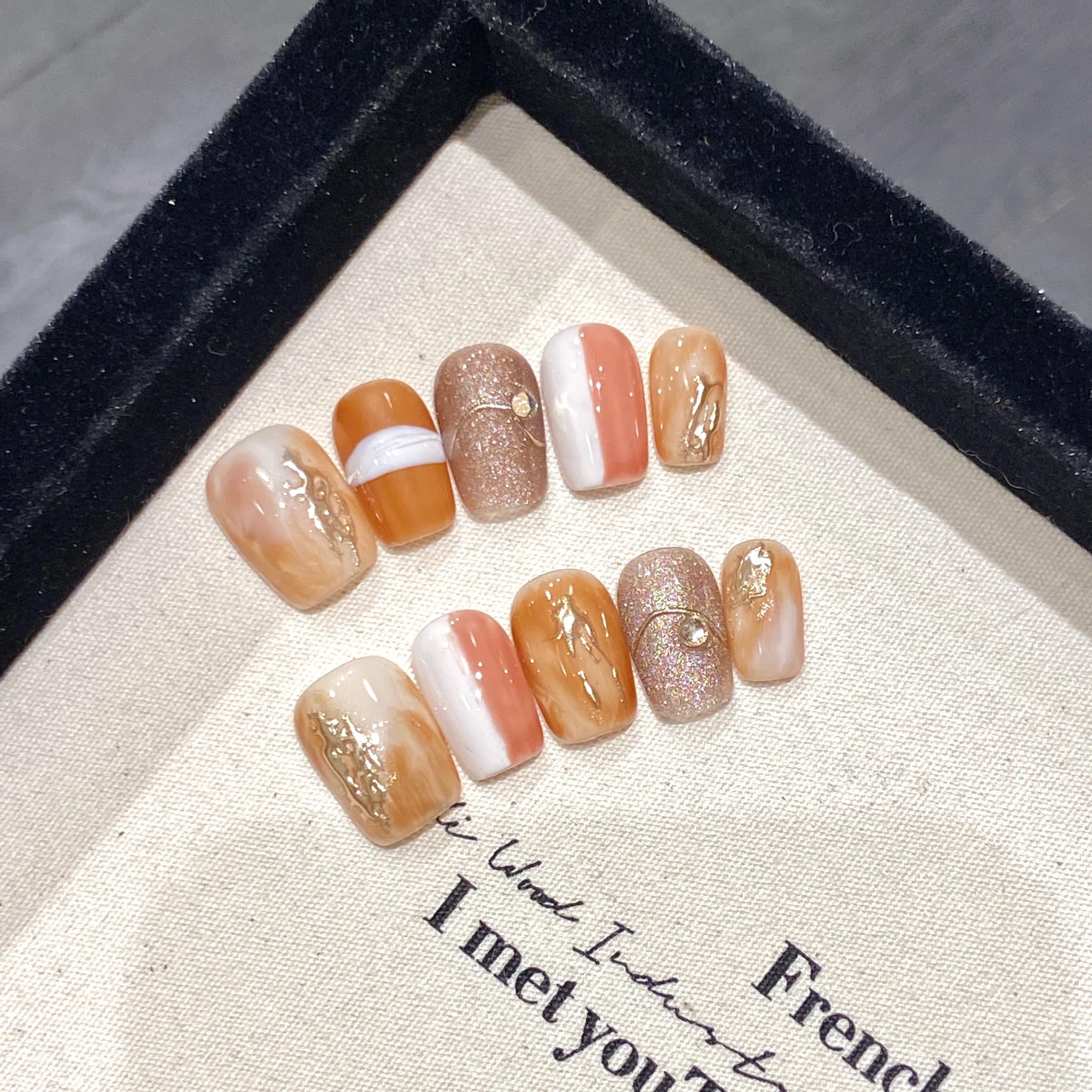 NLSJMP 3D Handmade Gel Nails Press-On Kit – Short Square, Autumn Caramel Blend, Reusable, 10 Nails Size S