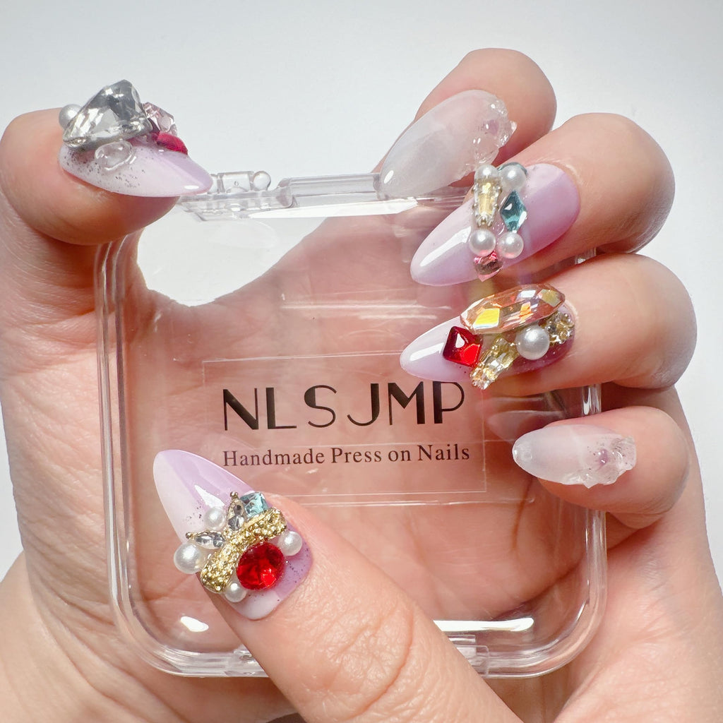 NLSJMP Purple Gel Press On Nails Almond – 3D Handmade Salon-Quality Acrylic, Reusable 10 Pcs Size M (#807)