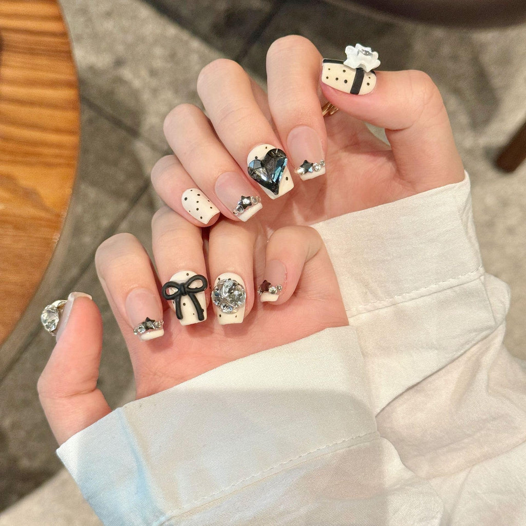 NLSJMP 3D Handmade Gel Nails Press-On Kit | Short Square Matte White with Rhinestones & Black Bow